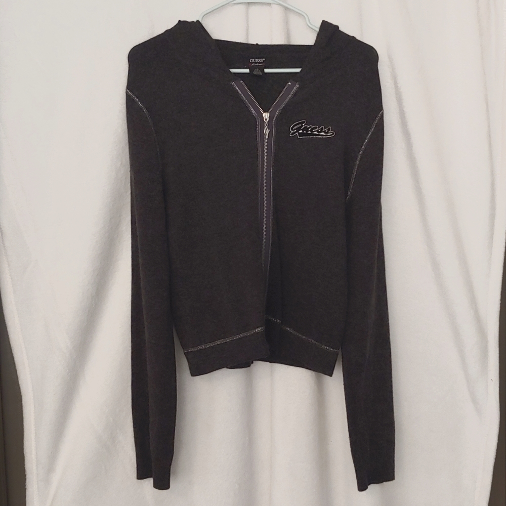 Guess Dark Gray Full Zipper Fitted Sweater Hoodie, Large (fits like Medium)